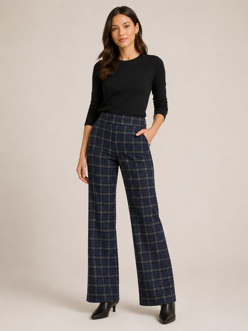 Etcetera Windowpane Plaid Pull On High Rise Bootcut Pants Blue Black 2